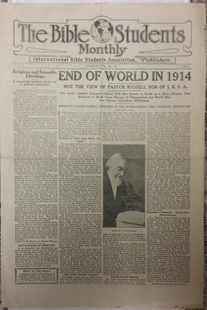 Czasopismo The Bible Students Monthly z nagłówkiem 'End of World in 1914'